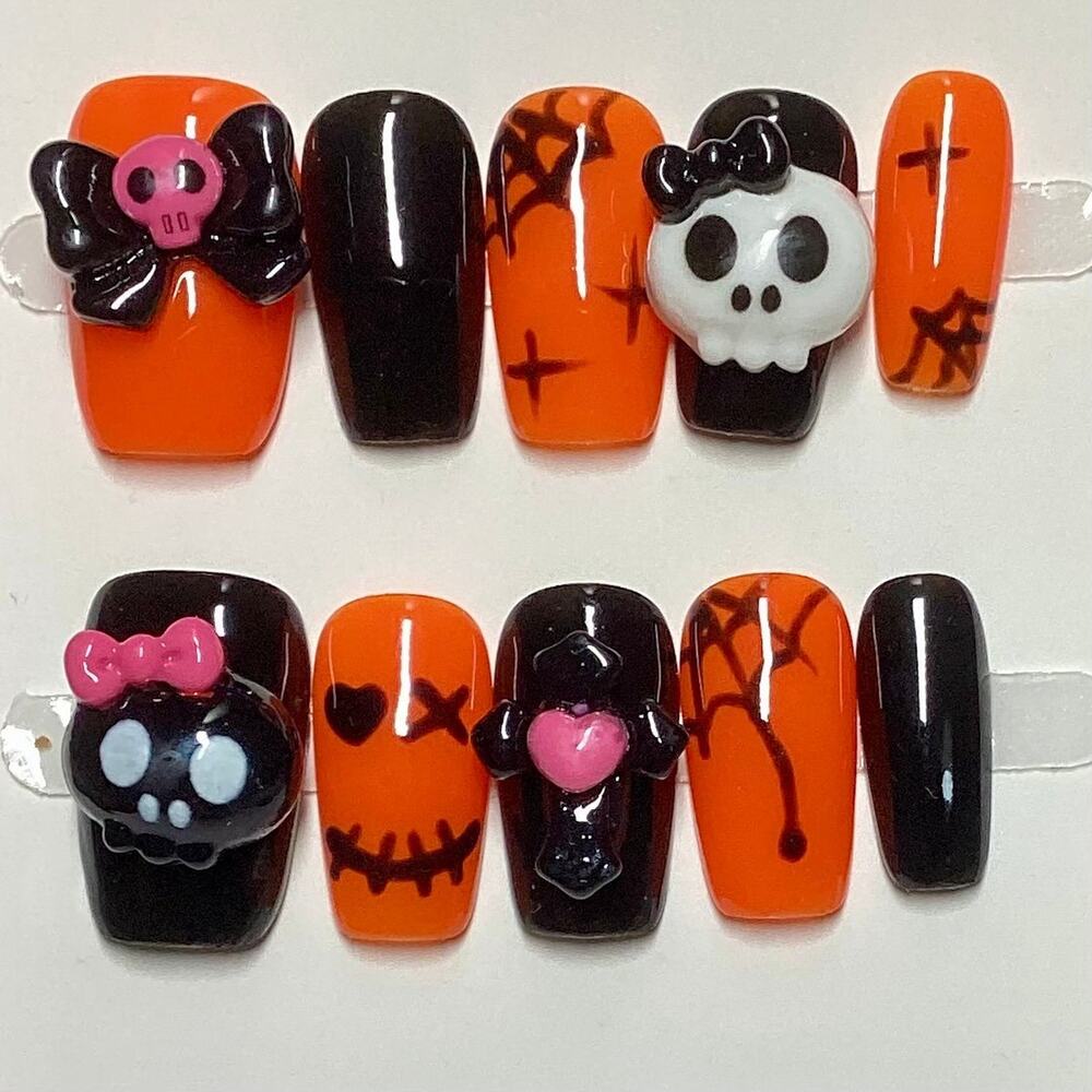 Halloween Black Orange Adorable Skull Charms Coffin Press-On Nails Small
